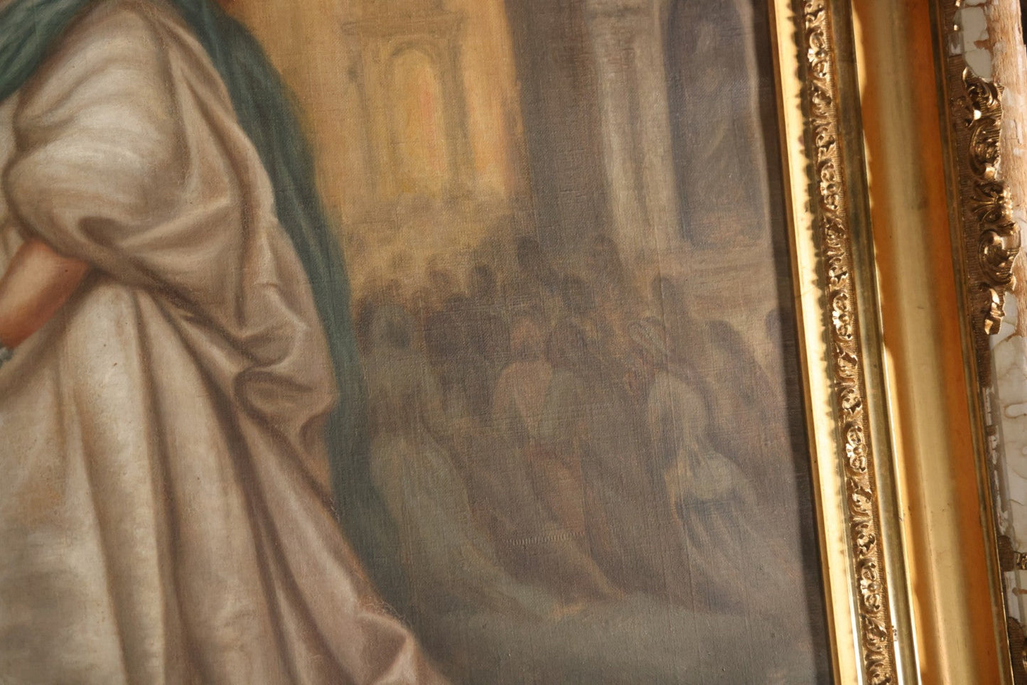 Oversized Antique Victorian Oil On Canvas Painting Of An Organ Player Playing Music, Teaching Three Beautiful Women And Two Children, With Cherubs, Allegorical Scene, Artist Signed Alphonsine Thuot Ernst (1873-1952) Lower Right, 55-1/2" x 43-1/2"