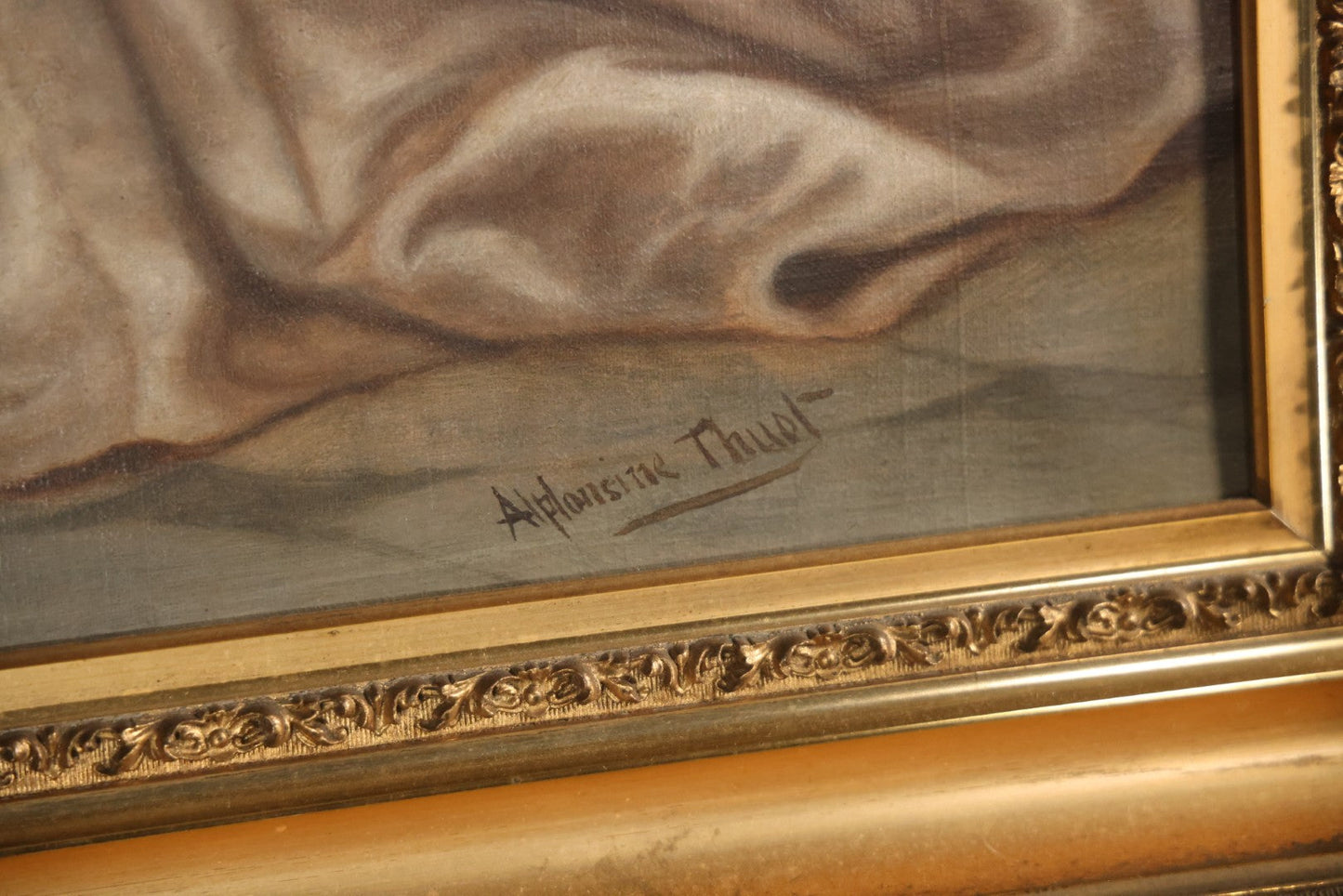 Oversized Antique Victorian Oil On Canvas Painting Of An Organ Player Playing Music, Teaching Three Beautiful Women And Two Children, With Cherubs, Allegorical Scene, Artist Signed Alphonsine Thuot Ernst (1873-1952) Lower Right, 55-1/2" x 43-1/2"
