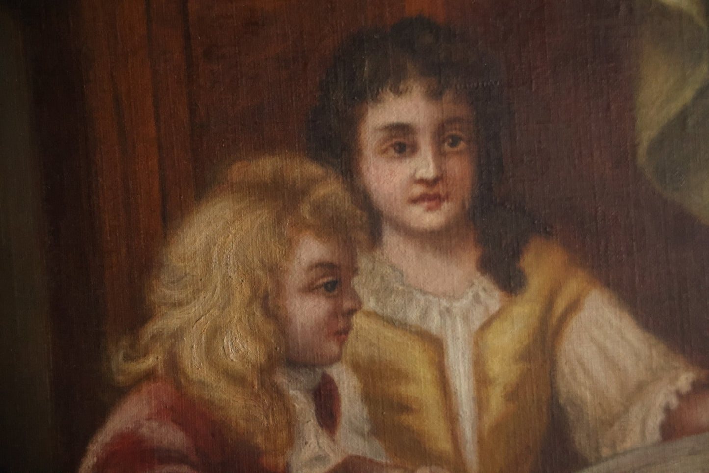 Oversized Antique Victorian Oil On Canvas Painting Of An Organ Player Playing Music, Teaching Three Beautiful Women And Two Children, With Cherubs, Allegorical Scene, Artist Signed Alphonsine Thuot Ernst (1873-1952) Lower Right, 55-1/2" x 43-1/2"