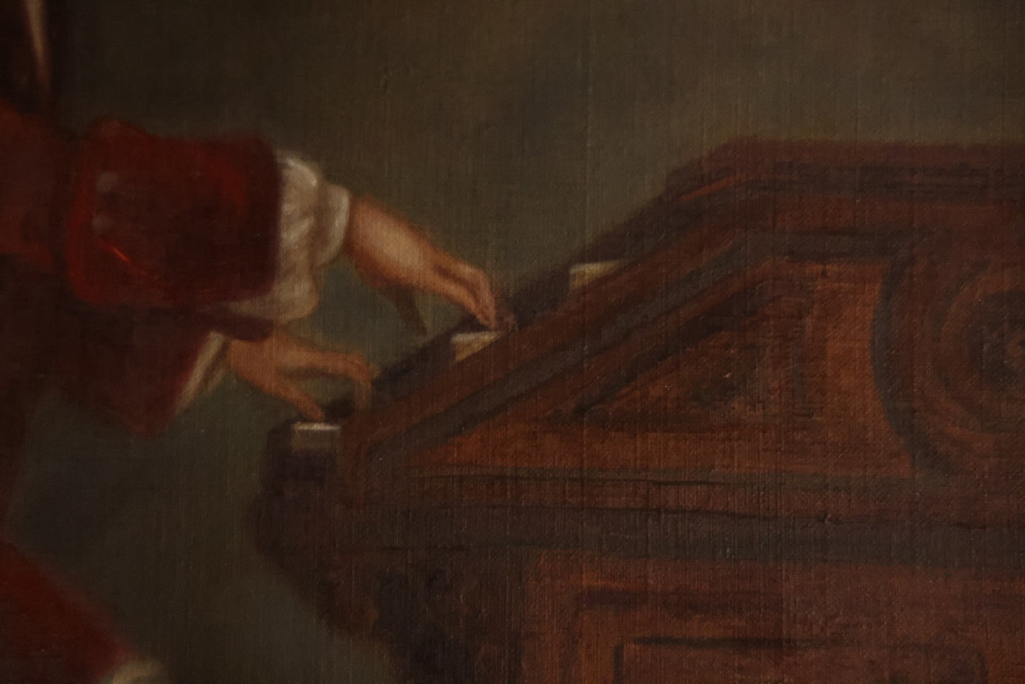 Oversized Antique Victorian Oil On Canvas Painting Of An Organ Player Playing Music, Teaching Three Beautiful Women And Two Children, With Cherubs, Allegorical Scene, Artist Signed Alphonsine Thuot Ernst (1873-1952) Lower Right, 55-1/2" x 43-1/2"