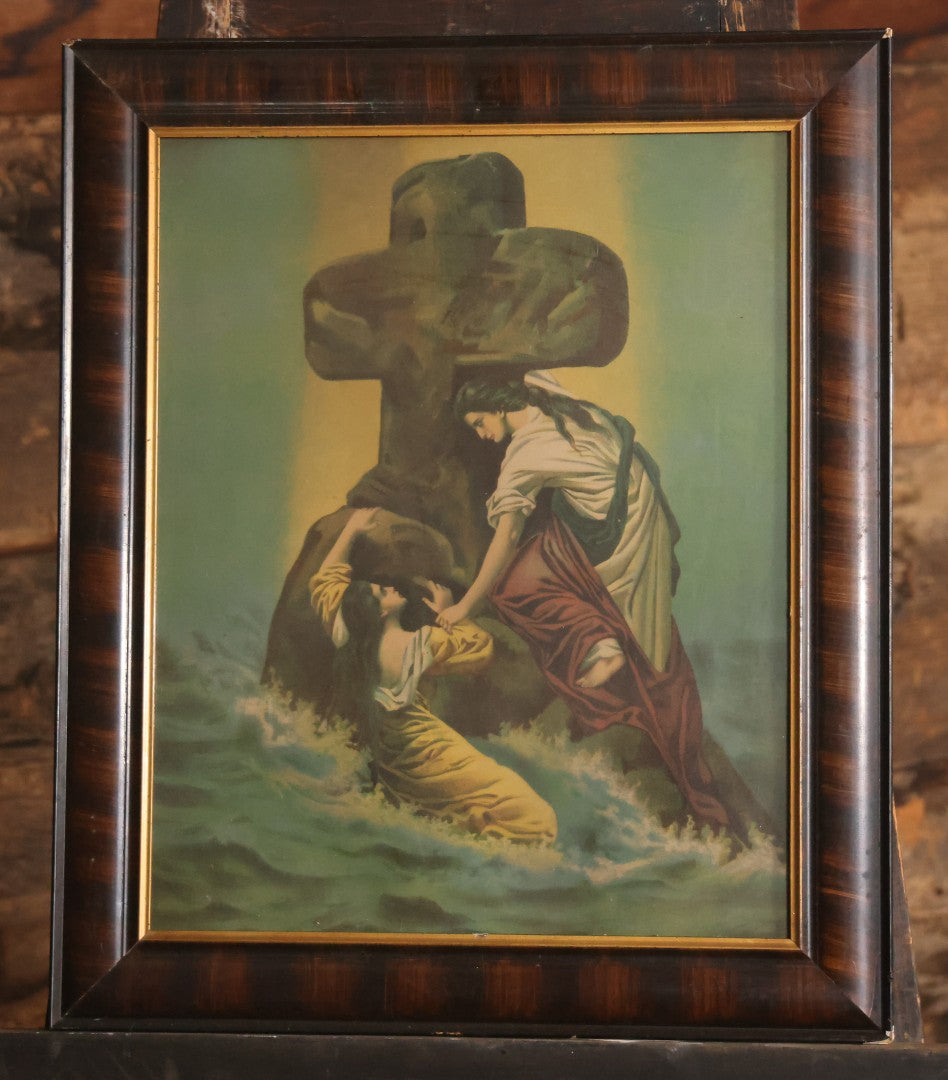 Antique "Rock Of Ages" Chromolithograph Religious Print In Wood Frame, 20-1/2" x 24-1/2"