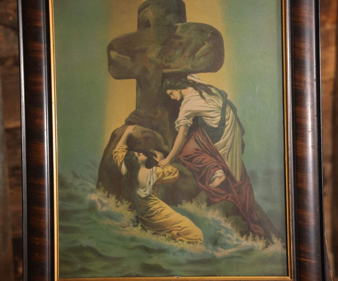 Antique "Rock Of Ages" Chromolithograph Religious Print In Wood Frame, 20-1/2" x 24-1/2"