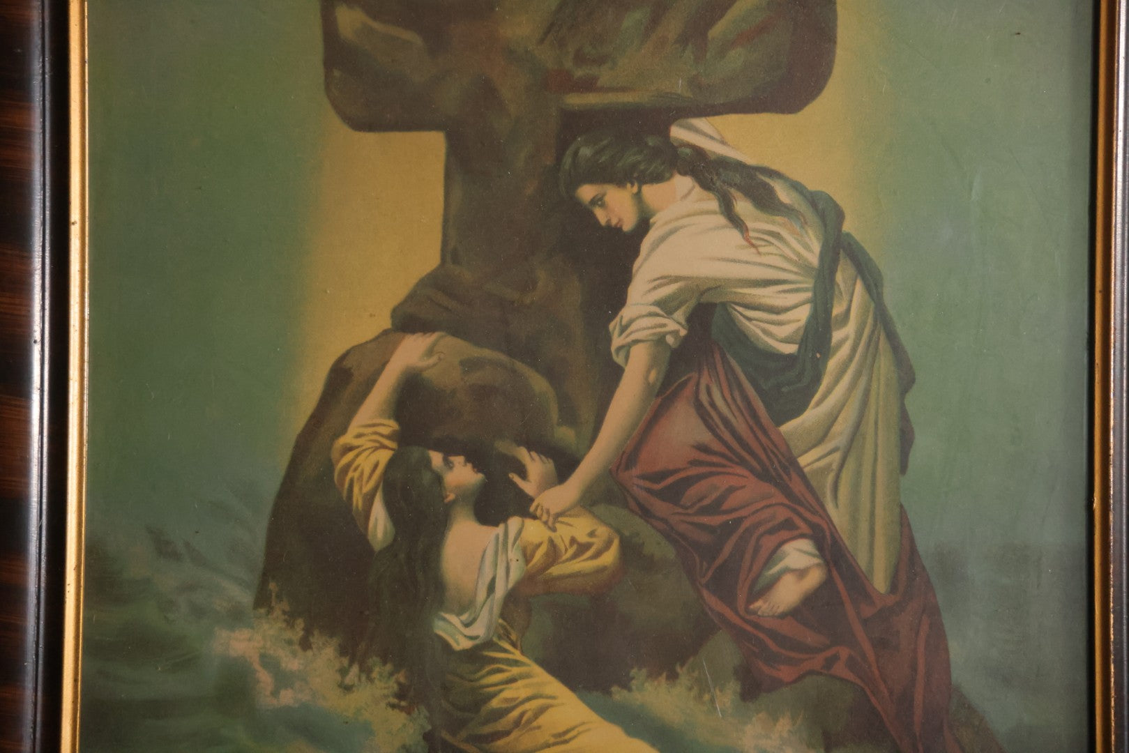 Antique "Rock Of Ages" Chromolithograph Religious Print In Wood Frame, 20-1/2" x 24-1/2"
