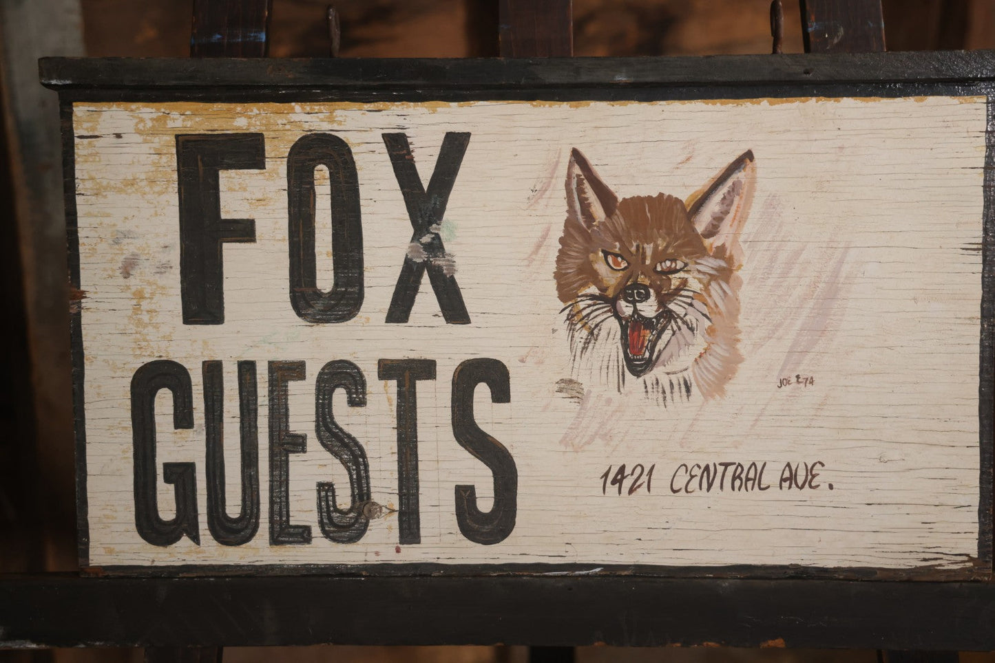 Vintage Handpainted Doublesided Fox Guests Hotel Sign With Painted Fox Head Graphic, 1421 Central Ave Ocean City New Jersey, Artist Signed Joe E., 1974, With Hanging Hooks, 25" x 15-1/4"