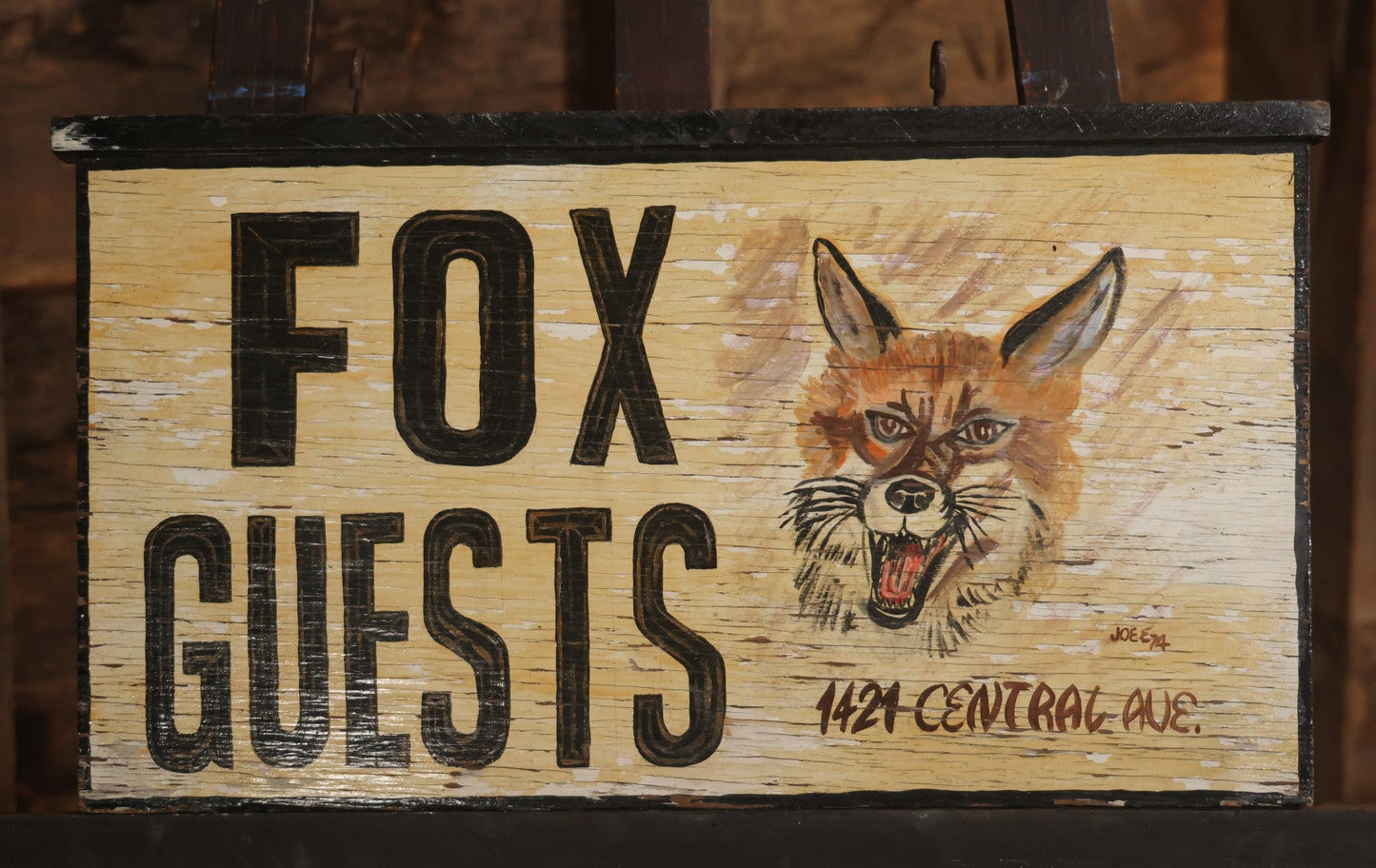 Vintage Handpainted Doublesided Fox Guests Hotel Sign With Painted Fox Head Graphic, 1421 Central Ave Ocean City New Jersey, Artist Signed Joe E., 1974, With Hanging Hooks, 25" x 15-1/4"