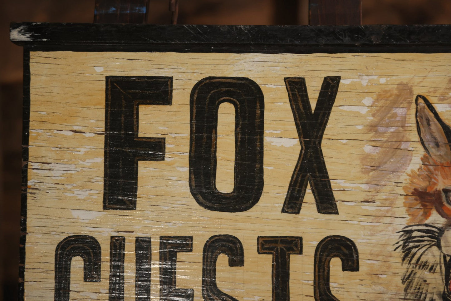 Vintage Handpainted Doublesided Fox Guests Hotel Sign With Painted Fox Head Graphic, 1421 Central Ave Ocean City New Jersey, Artist Signed Joe E., 1974, With Hanging Hooks, 25" x 15-1/4"