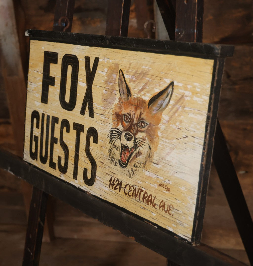 Vintage Handpainted Doublesided Fox Guests Hotel Sign With Painted Fox Head Graphic, 1421 Central Ave Ocean City New Jersey, Artist Signed Joe E., 1974, With Hanging Hooks, 25" x 15-1/4"