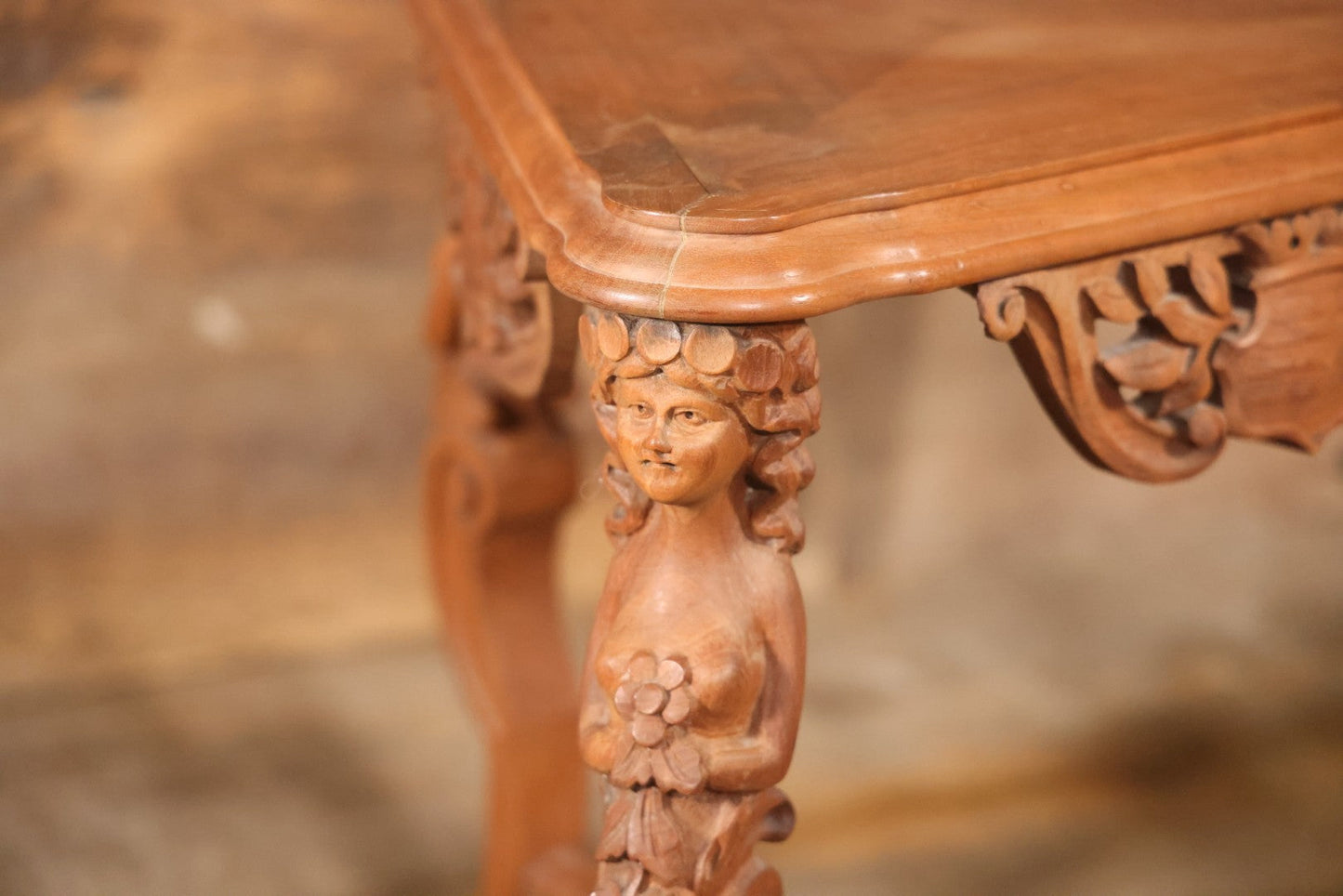 Antique Victorian Three-Sided Carved Wood Figural Side Table With Carvings Of Women Holding Flowers On Corners, 22-1/2" Height