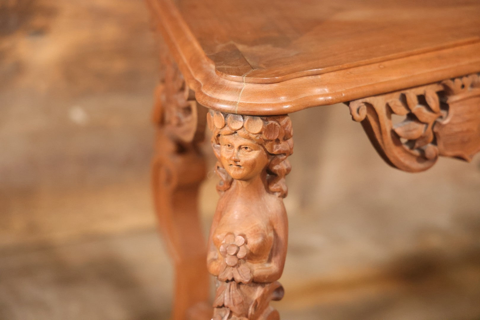 Antique Victorian Three-Sided Carved Wood Figural Side Table With Carvings Of Women Holding Flowers On Corners, 22-1/2" Height