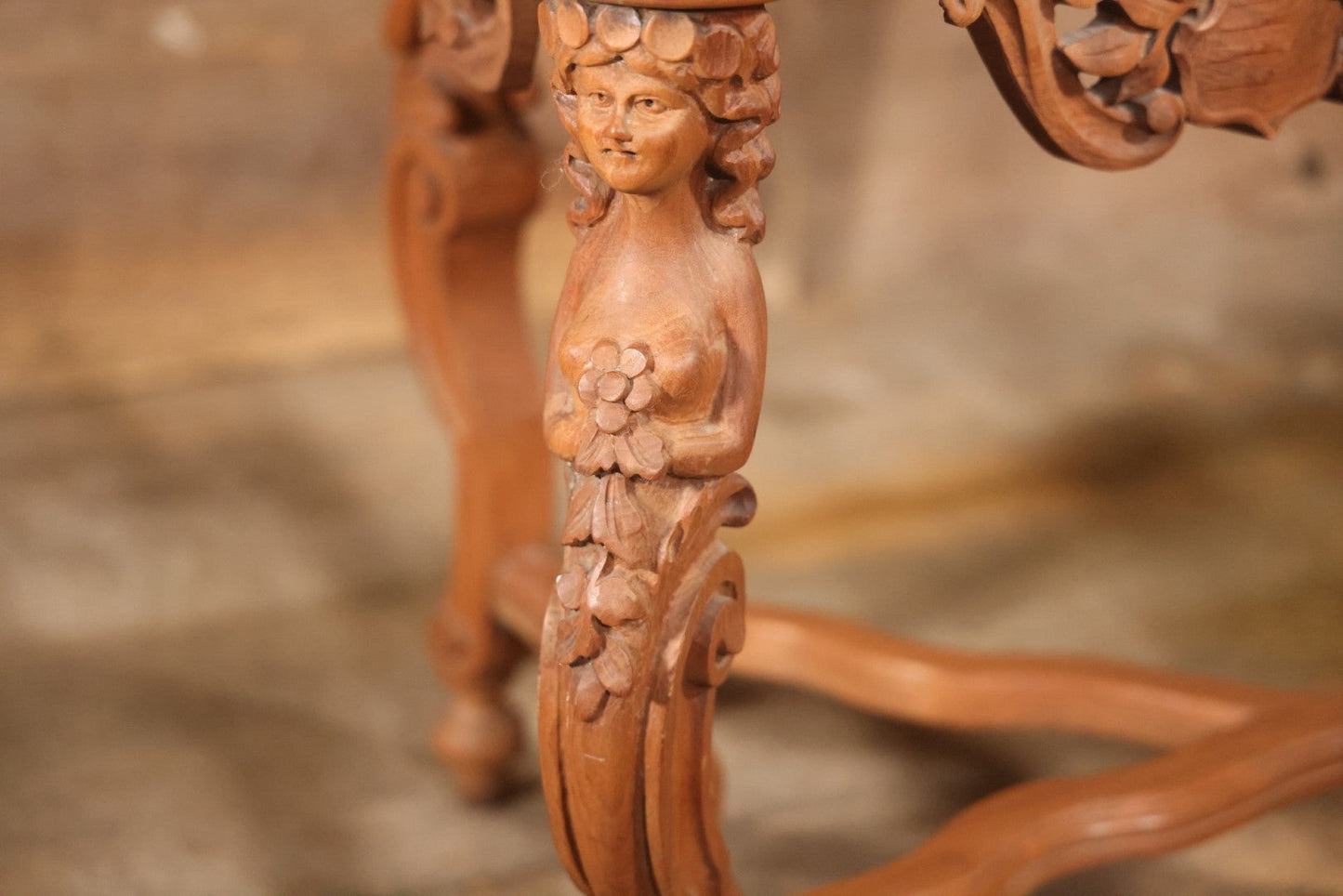 Antique Victorian Three-Sided Carved Wood Figural Side Table With Carvings Of Women Holding Flowers On Corners, 22-1/2" Height