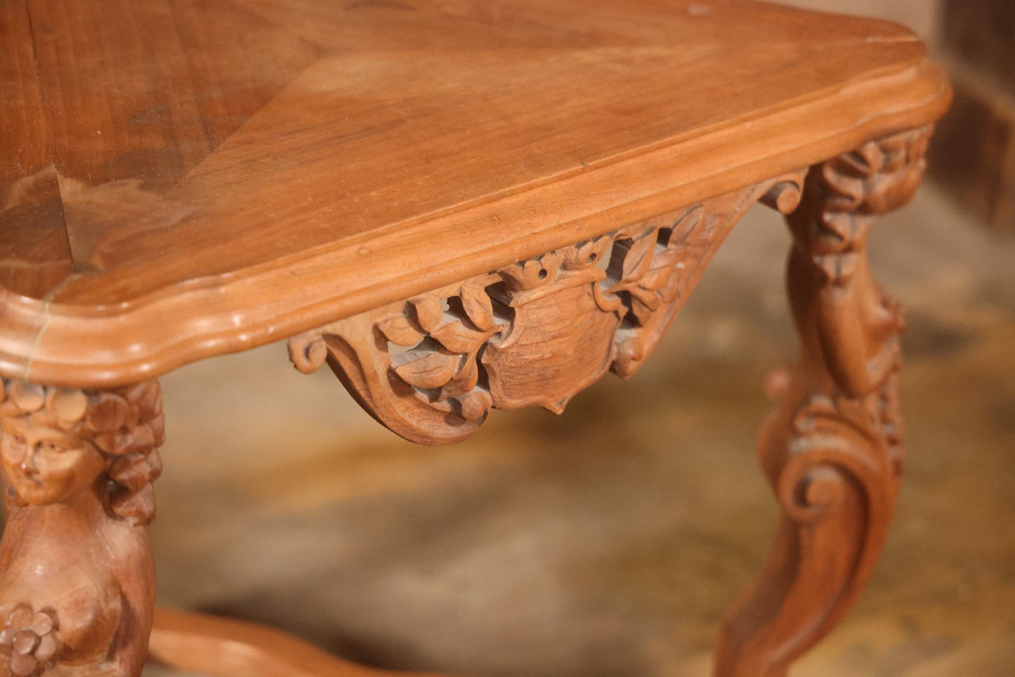 Antique Victorian Three-Sided Carved Wood Figural Side Table With Carvings Of Women Holding Flowers On Corners, 22-1/2" Height