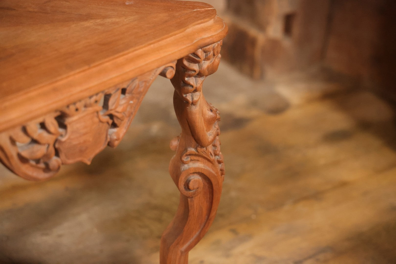 Antique Victorian Three-Sided Carved Wood Figural Side Table With Carvings Of Women Holding Flowers On Corners, 22-1/2" Height