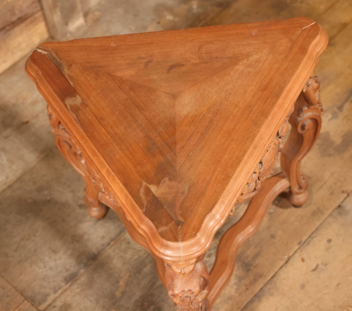 Antique Victorian Three-Sided Carved Wood Figural Side Table With Carvings Of Women Holding Flowers On Corners, 22-1/2" Height