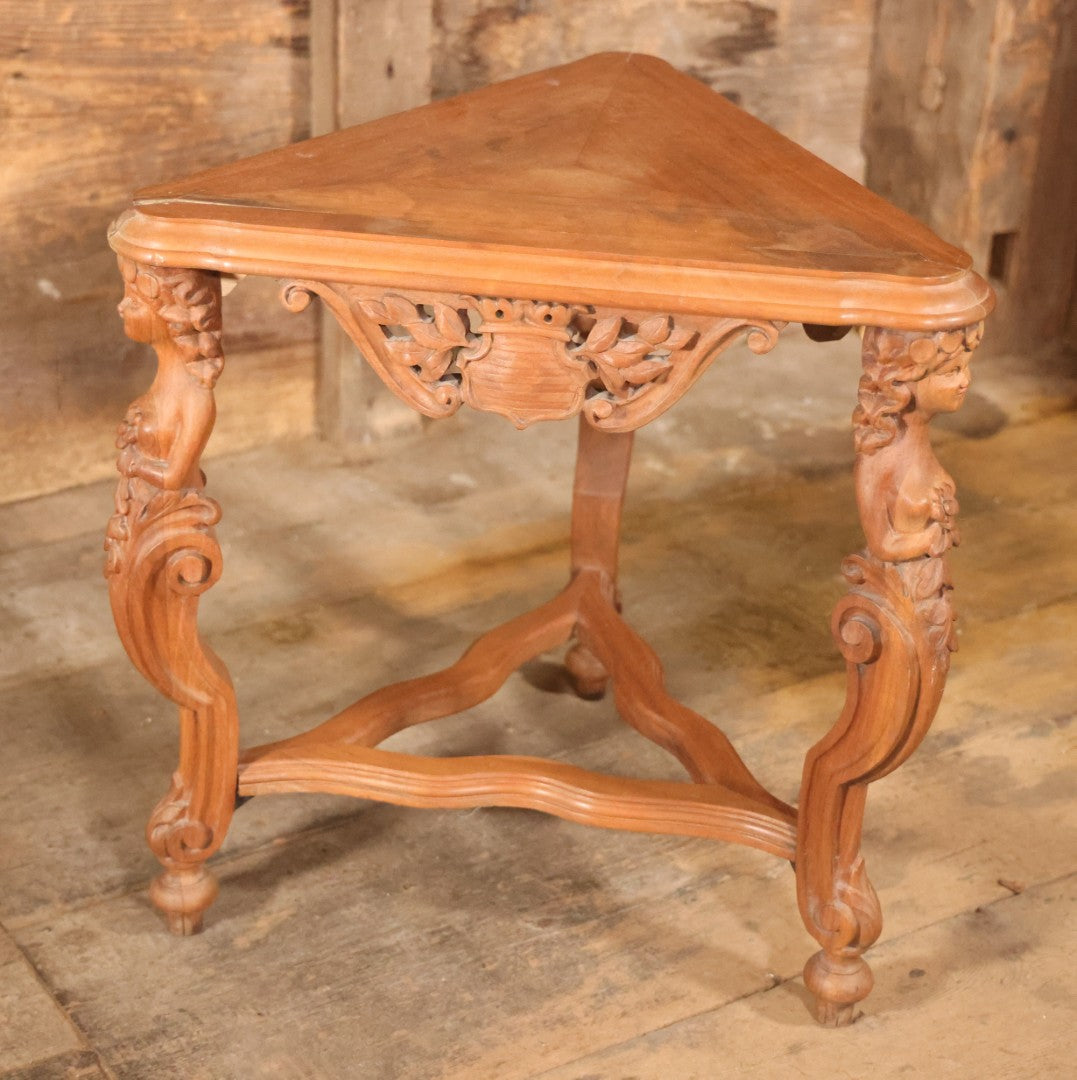 Antique Victorian Three-Sided Carved Wood Figural Side Table With Carvings Of Women Holding Flowers On Corners, 22-1/2" Height