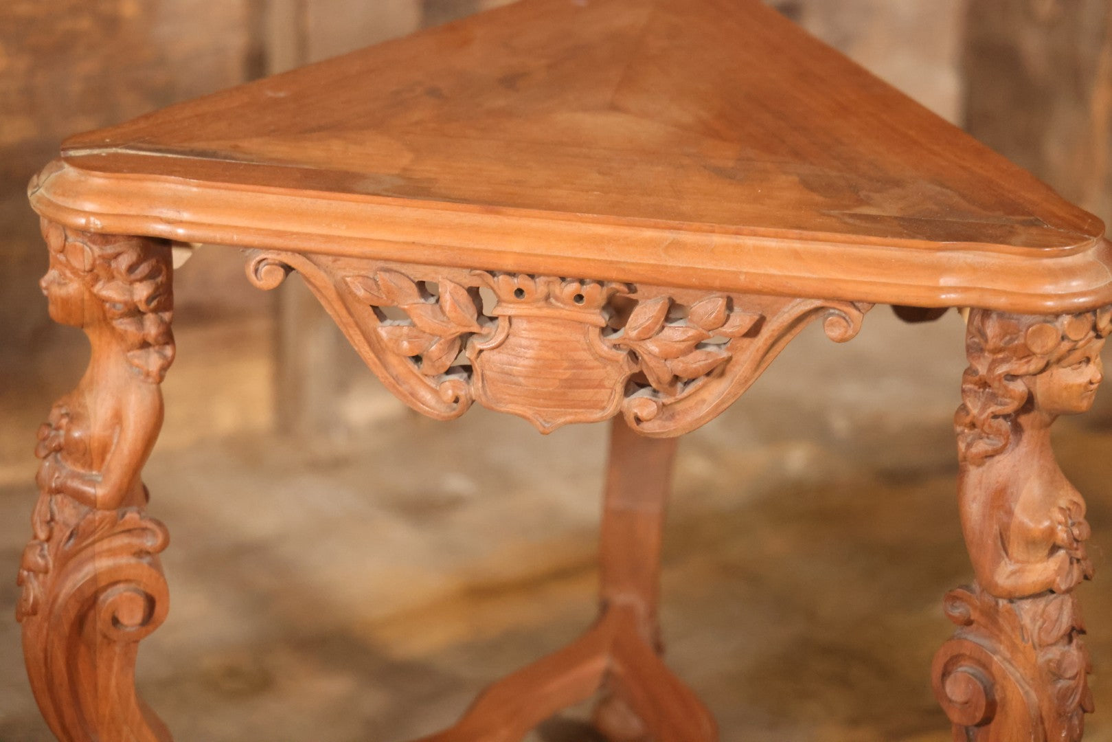 Antique Victorian Three-Sided Carved Wood Figural Side Table With Carvings Of Women Holding Flowers On Corners, 22-1/2" Height
