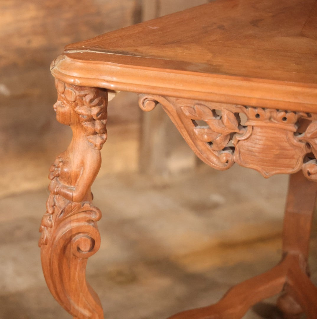 Antique Victorian Three-Sided Carved Wood Figural Side Table With Carvings Of Women Holding Flowers On Corners, 22-1/2" Height