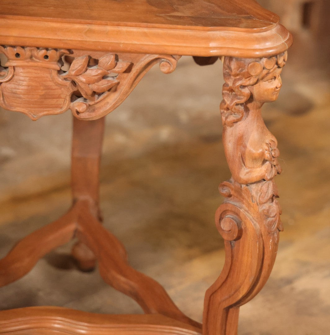 Antique Victorian Three-Sided Carved Wood Figural Side Table With Carvings Of Women Holding Flowers On Corners, 22-1/2" Height