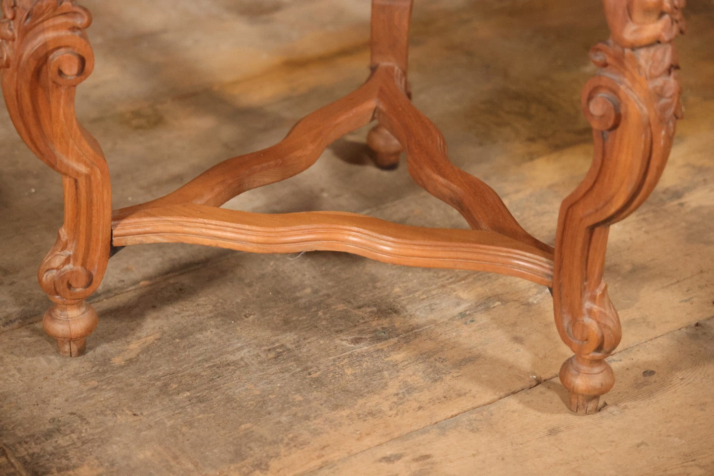 Antique Victorian Three-Sided Carved Wood Figural Side Table With Carvings Of Women Holding Flowers On Corners, 22-1/2" Height