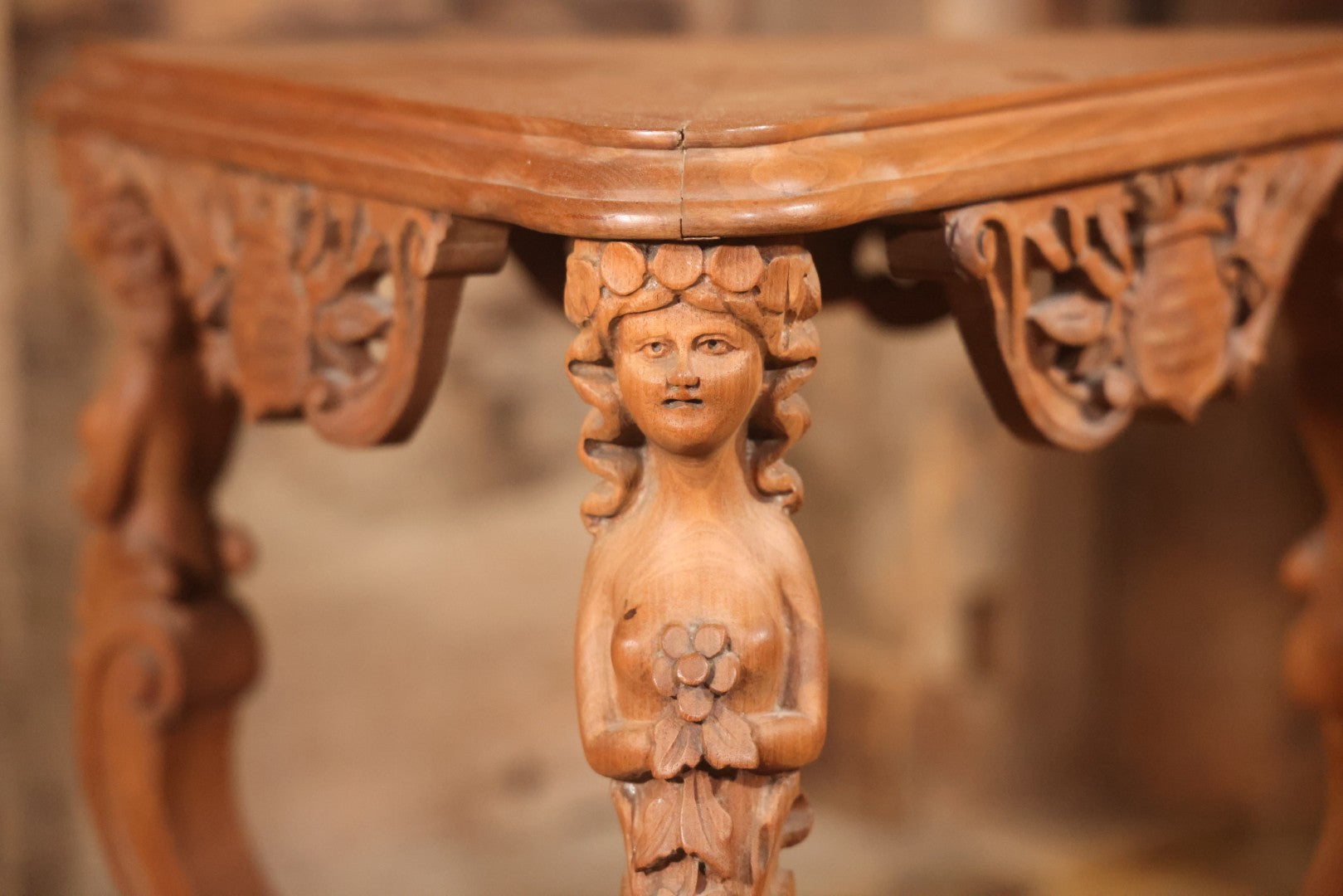 Antique Victorian Three-Sided Carved Wood Figural Side Table With Carvings Of Women Holding Flowers On Corners, 22-1/2" Height
