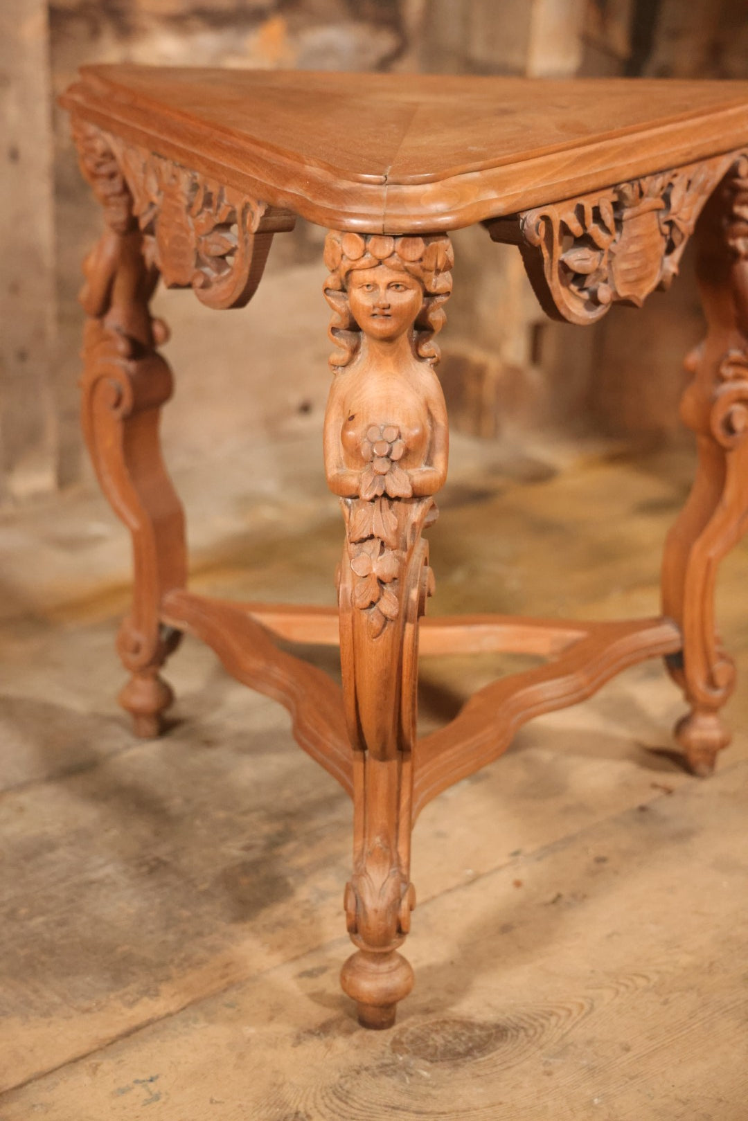 Antique Victorian Three-Sided Carved Wood Figural Side Table With Carvings Of Women Holding Flowers On Corners, 22-1/2" Height