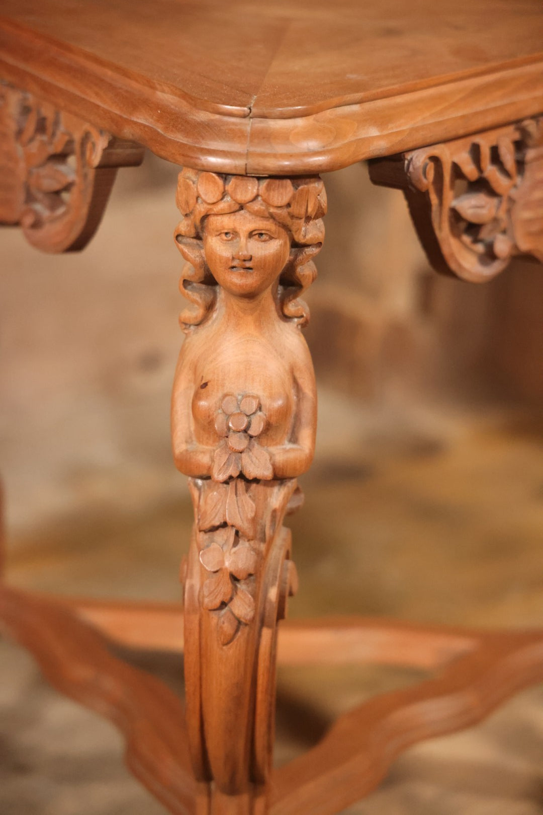 Antique Victorian Three-Sided Carved Wood Figural Side Table With Carvings Of Women Holding Flowers On Corners, 22-1/2" Height