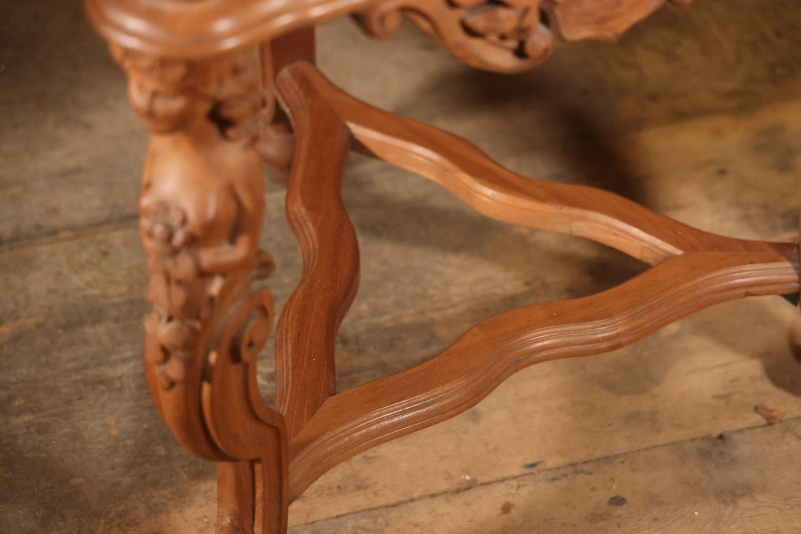 Antique Victorian Three-Sided Carved Wood Figural Side Table With Carvings Of Women Holding Flowers On Corners, 22-1/2" Height