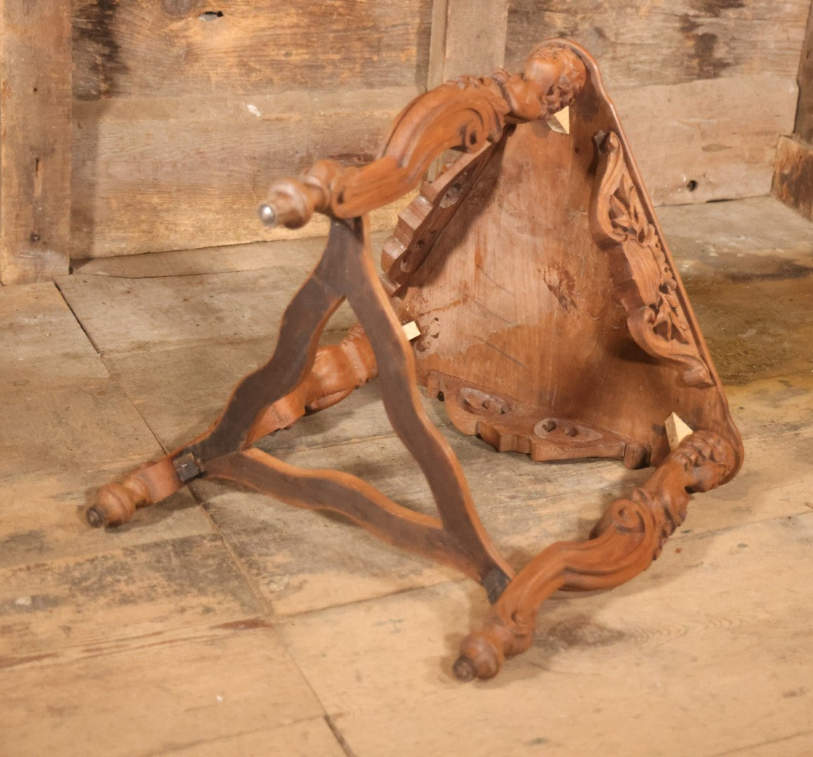 Antique Victorian Three-Sided Carved Wood Figural Side Table With Carvings Of Women Holding Flowers On Corners, 22-1/2" Height
