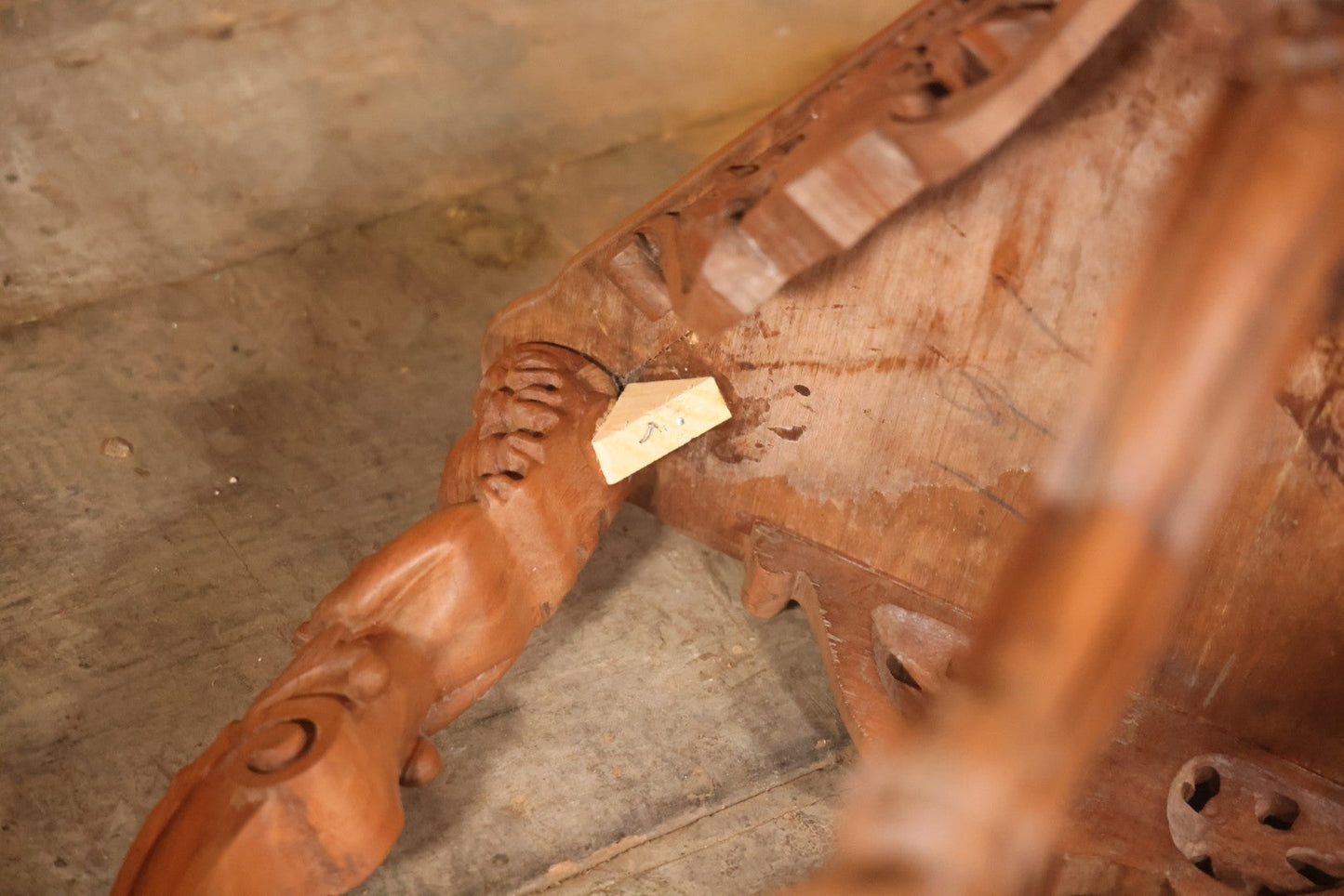 Antique Victorian Three-Sided Carved Wood Figural Side Table With Carvings Of Women Holding Flowers On Corners, 22-1/2" Height