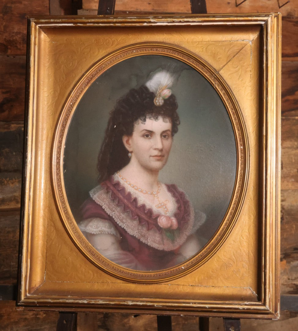 Antique Pastel Painting Of An Extravagant Woman In Purple Dress With White Lace, Opulent Gold Cross Necklace, Hair Ornaments, In Deep Frame Behind Glass, Note Water Damage, 31-1/2" x 36-1/2" 