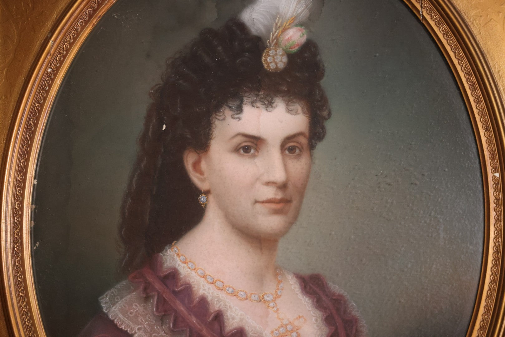 Antique Pastel Painting Of An Extravagant Woman In Purple Dress With White Lace, Opulent Gold Cross Necklace, Hair Ornaments, In Deep Frame Behind Glass, Note Water Damage, 31-1/2" x 36-1/2" 