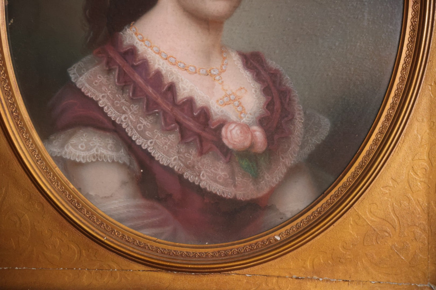 Antique Pastel Painting Of An Extravagant Woman In Purple Dress With White Lace, Opulent Gold Cross Necklace, Hair Ornaments, In Deep Frame Behind Glass, Note Water Damage, 31-1/2" x 36-1/2" 