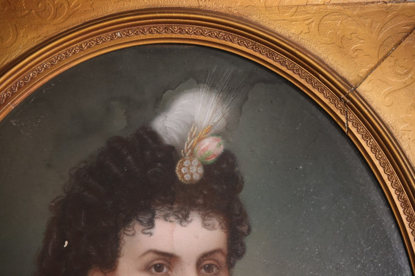 Antique Pastel Painting Of An Extravagant Woman In Purple Dress With White Lace, Opulent Gold Cross Necklace, Hair Ornaments, In Deep Frame Behind Glass, Note Water Damage, 31-1/2" x 36-1/2" 