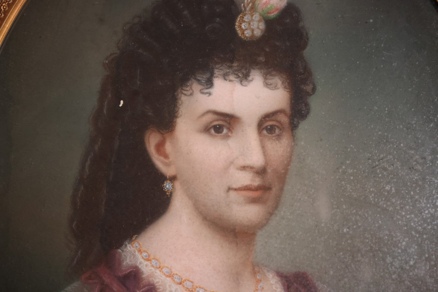 Antique Pastel Painting Of An Extravagant Woman In Purple Dress With White Lace, Opulent Gold Cross Necklace, Hair Ornaments, In Deep Frame Behind Glass, Note Water Damage, 31-1/2" x 36-1/2" 