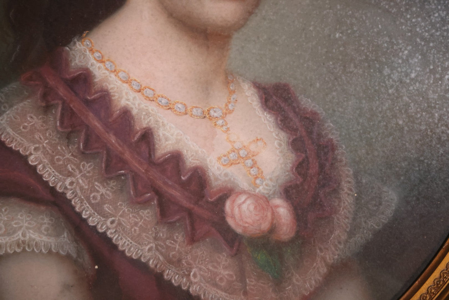 Antique Pastel Painting Of An Extravagant Woman In Purple Dress With White Lace, Opulent Gold Cross Necklace, Hair Ornaments, In Deep Frame Behind Glass, Note Water Damage, 31-1/2" x 36-1/2" 
