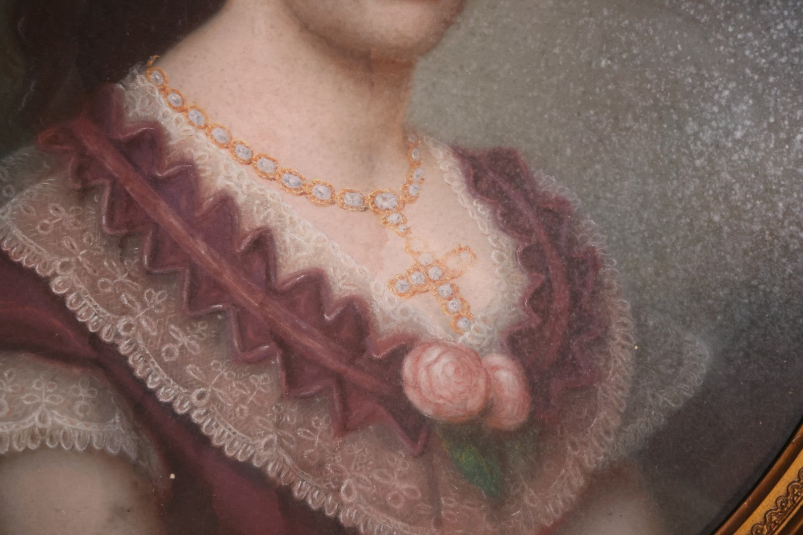 Antique Pastel Painting Of An Extravagant Woman In Purple Dress With White Lace, Opulent Gold Cross Necklace, Hair Ornaments, In Deep Frame Behind Glass, Note Water Damage, 31-1/2" x 36-1/2" 