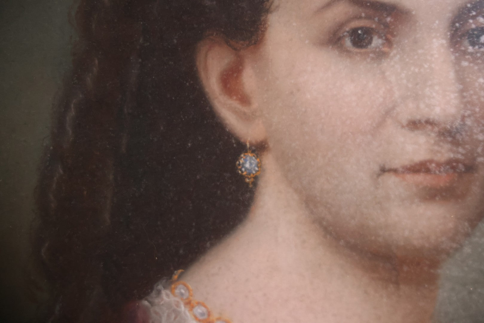 Antique Pastel Painting Of An Extravagant Woman In Purple Dress With White Lace, Opulent Gold Cross Necklace, Hair Ornaments, In Deep Frame Behind Glass, Note Water Damage, 31-1/2" x 36-1/2" 