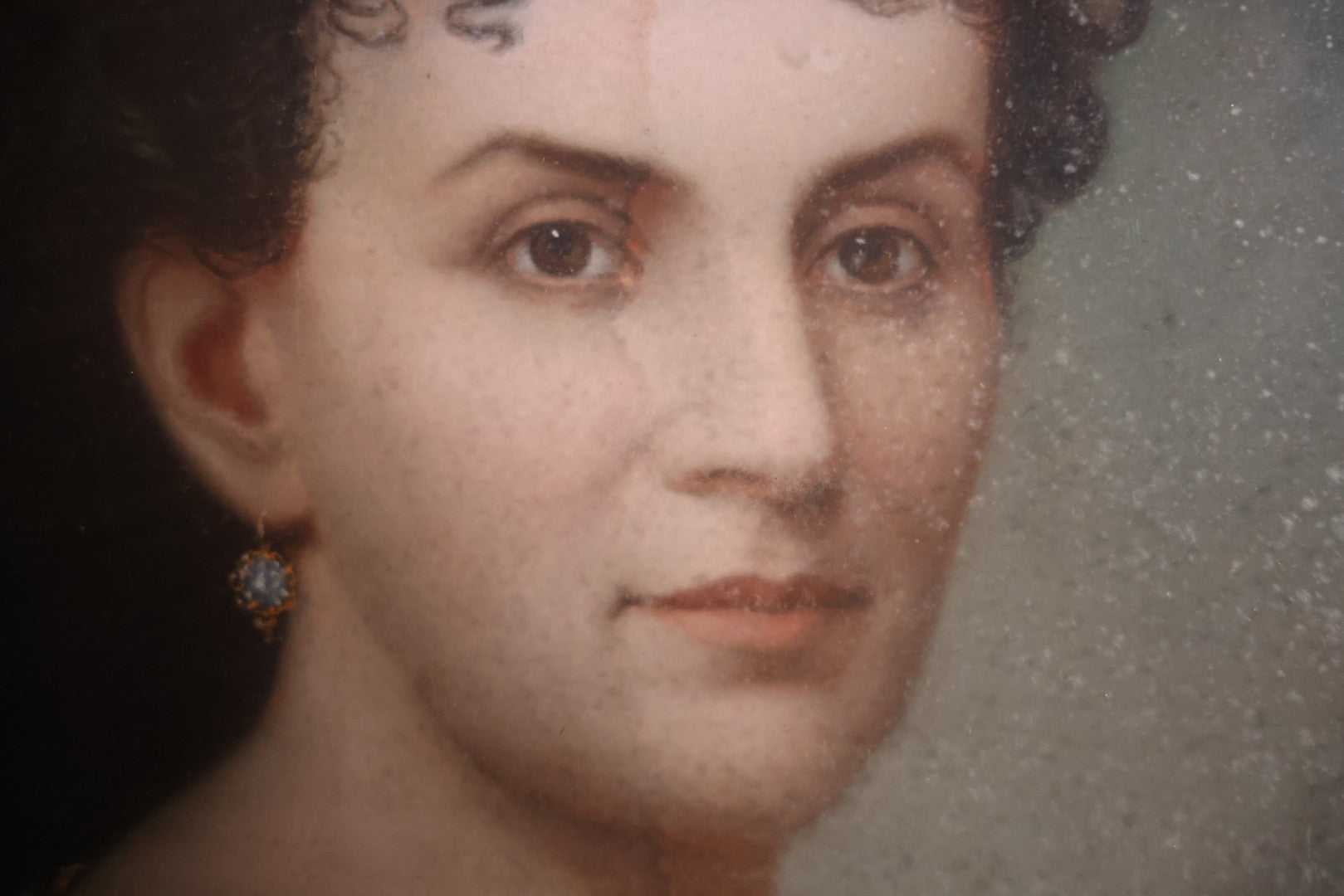 Antique Pastel Painting Of An Extravagant Woman In Purple Dress With White Lace, Opulent Gold Cross Necklace, Hair Ornaments, In Deep Frame Behind Glass, Note Water Damage, 31-1/2" x 36-1/2" 