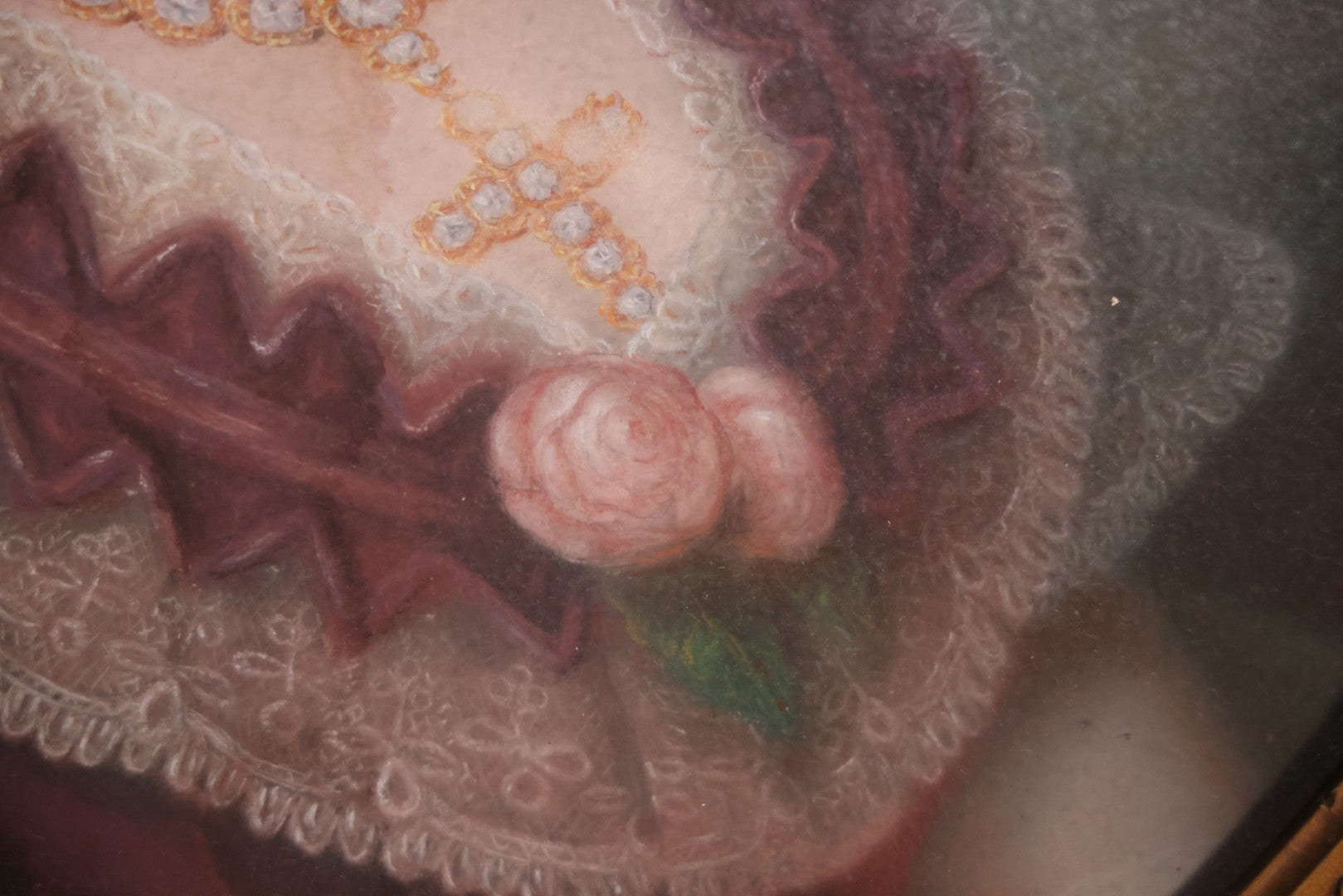 Antique Pastel Painting Of An Extravagant Woman In Purple Dress With White Lace, Opulent Gold Cross Necklace, Hair Ornaments, In Deep Frame Behind Glass, Note Water Damage, 31-1/2" x 36-1/2" 