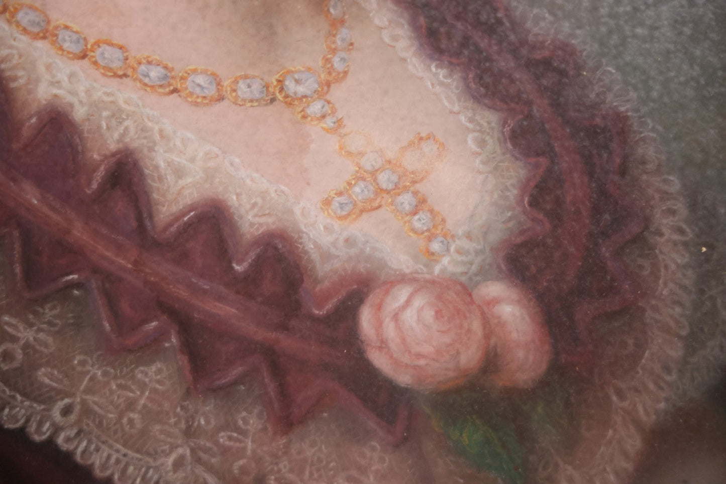 Antique Pastel Painting Of An Extravagant Woman In Purple Dress With White Lace, Opulent Gold Cross Necklace, Hair Ornaments, In Deep Frame Behind Glass, Note Water Damage, 31-1/2" x 36-1/2" 