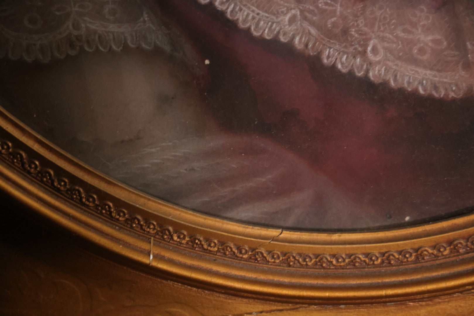 Antique Pastel Painting Of An Extravagant Woman In Purple Dress With White Lace, Opulent Gold Cross Necklace, Hair Ornaments, In Deep Frame Behind Glass, Note Water Damage, 31-1/2" x 36-1/2" 