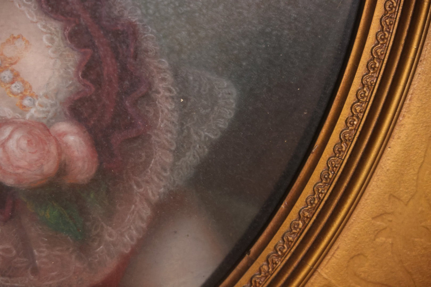 Antique Pastel Painting Of An Extravagant Woman In Purple Dress With White Lace, Opulent Gold Cross Necklace, Hair Ornaments, In Deep Frame Behind Glass, Note Water Damage, 31-1/2" x 36-1/2" 