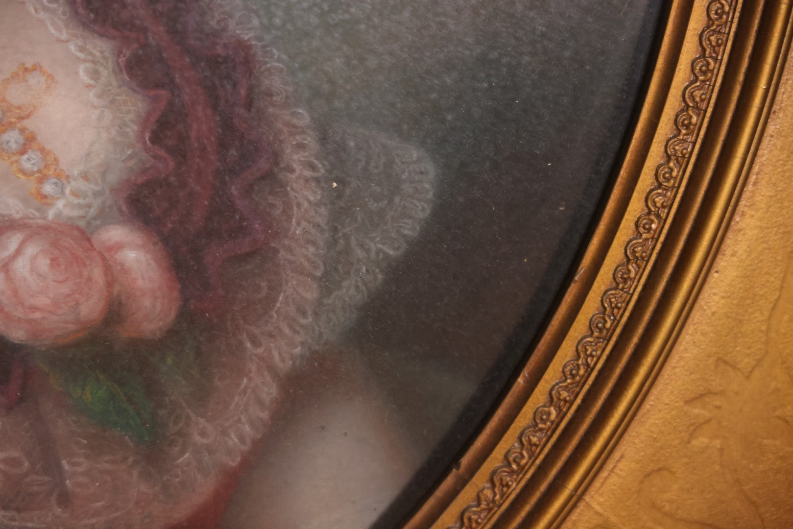 Antique Pastel Painting Of An Extravagant Woman In Purple Dress With White Lace, Opulent Gold Cross Necklace, Hair Ornaments, In Deep Frame Behind Glass, Note Water Damage, 31-1/2" x 36-1/2" 