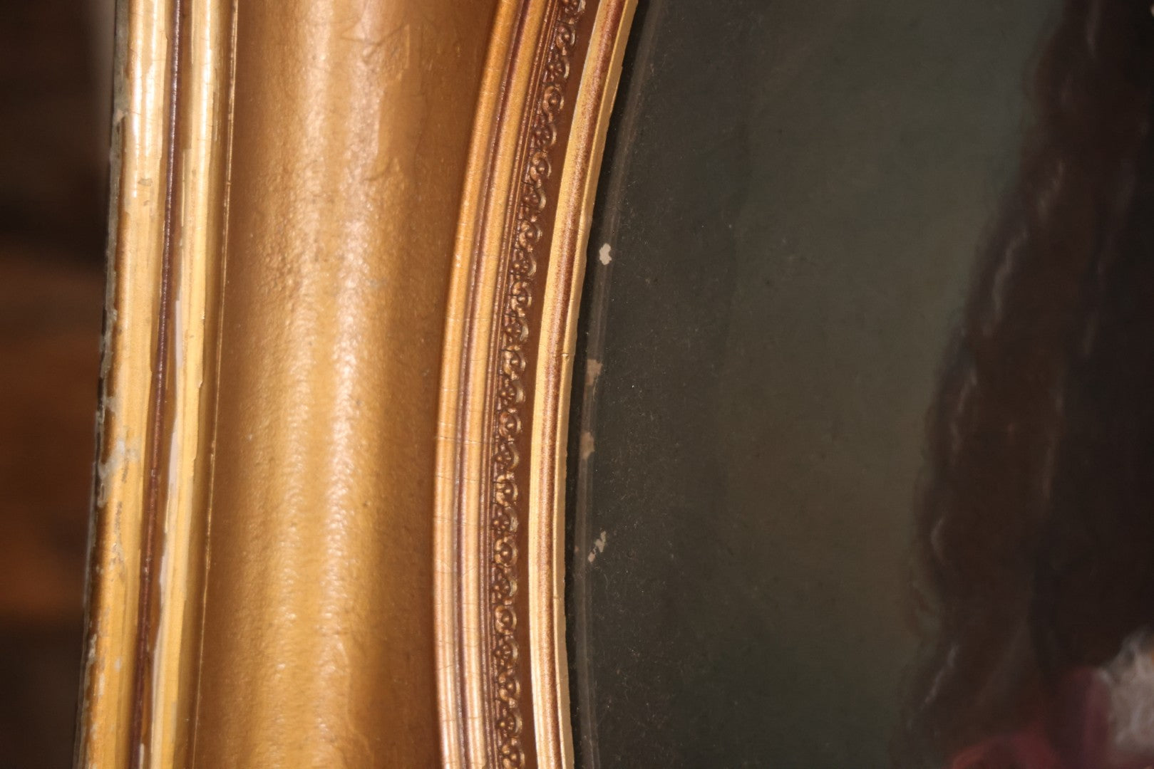 Antique Pastel Painting Of An Extravagant Woman In Purple Dress With White Lace, Opulent Gold Cross Necklace, Hair Ornaments, In Deep Frame Behind Glass, Note Water Damage, 31-1/2" x 36-1/2" 