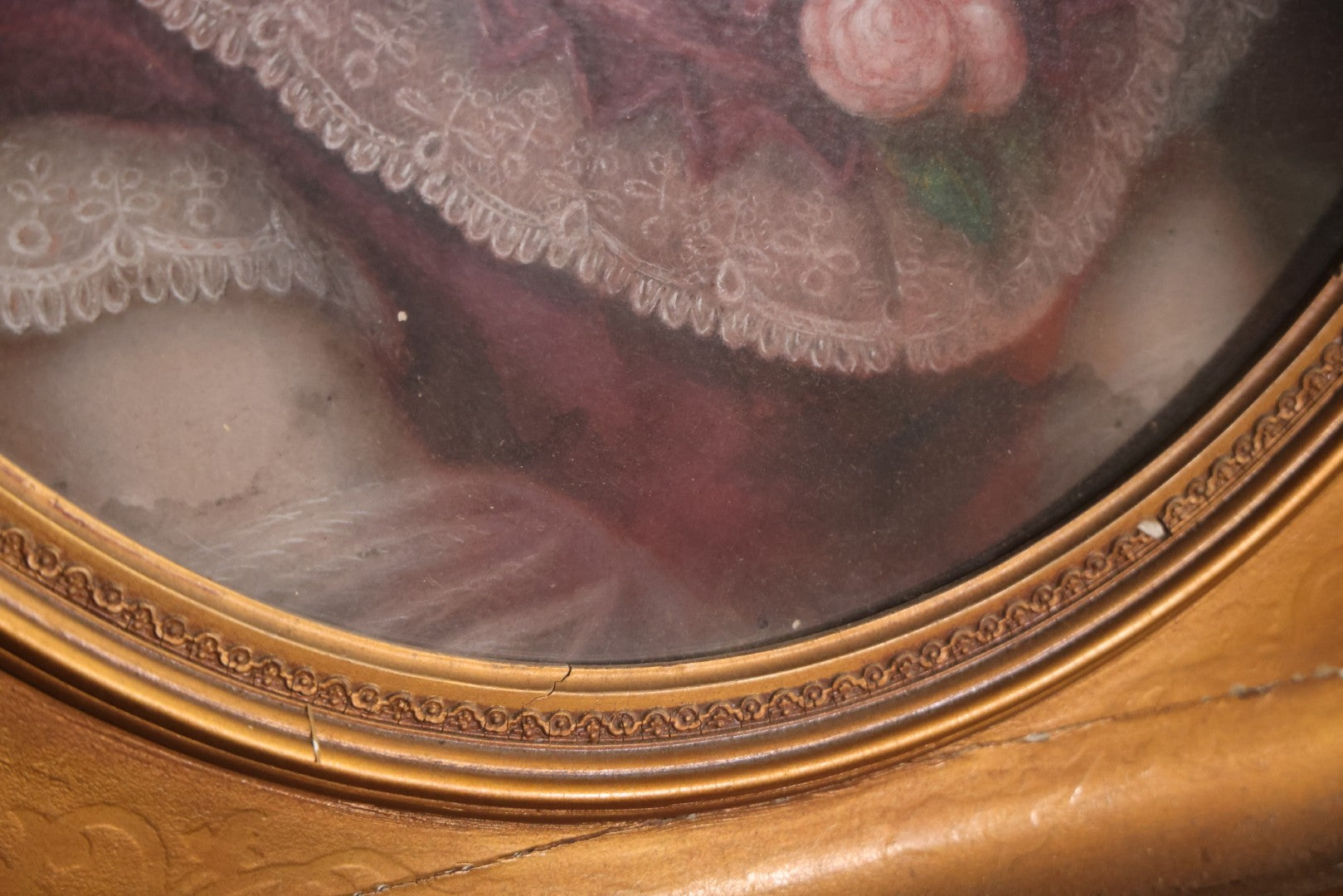 Antique Pastel Painting Of An Extravagant Woman In Purple Dress With White Lace, Opulent Gold Cross Necklace, Hair Ornaments, In Deep Frame Behind Glass, Note Water Damage, 31-1/2" x 36-1/2" 