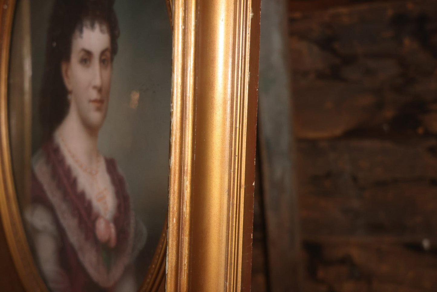 Antique Pastel Painting Of An Extravagant Woman In Purple Dress With White Lace, Opulent Gold Cross Necklace, Hair Ornaments, In Deep Frame Behind Glass, Note Water Damage, 31-1/2" x 36-1/2" 