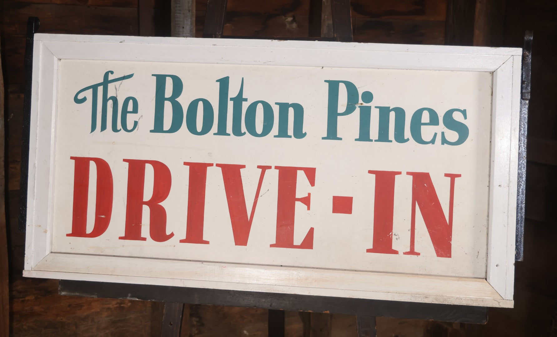 Vintage Hand Painted Sign For "The Bolton Pines Drive-In" Movie Theater, On Tin With Wood Frame, Cast Iron Hangers, Unknown Origin, Likely From New England, 52-1/2" x 27-3/4"