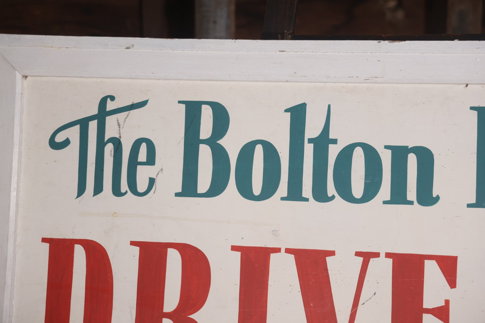 Vintage Hand Painted Sign For "The Bolton Pines Drive-In" Movie Theater, On Tin With Wood Frame, Cast Iron Hangers, Unknown Origin, Likely From New England, 52-1/2" x 27-3/4"