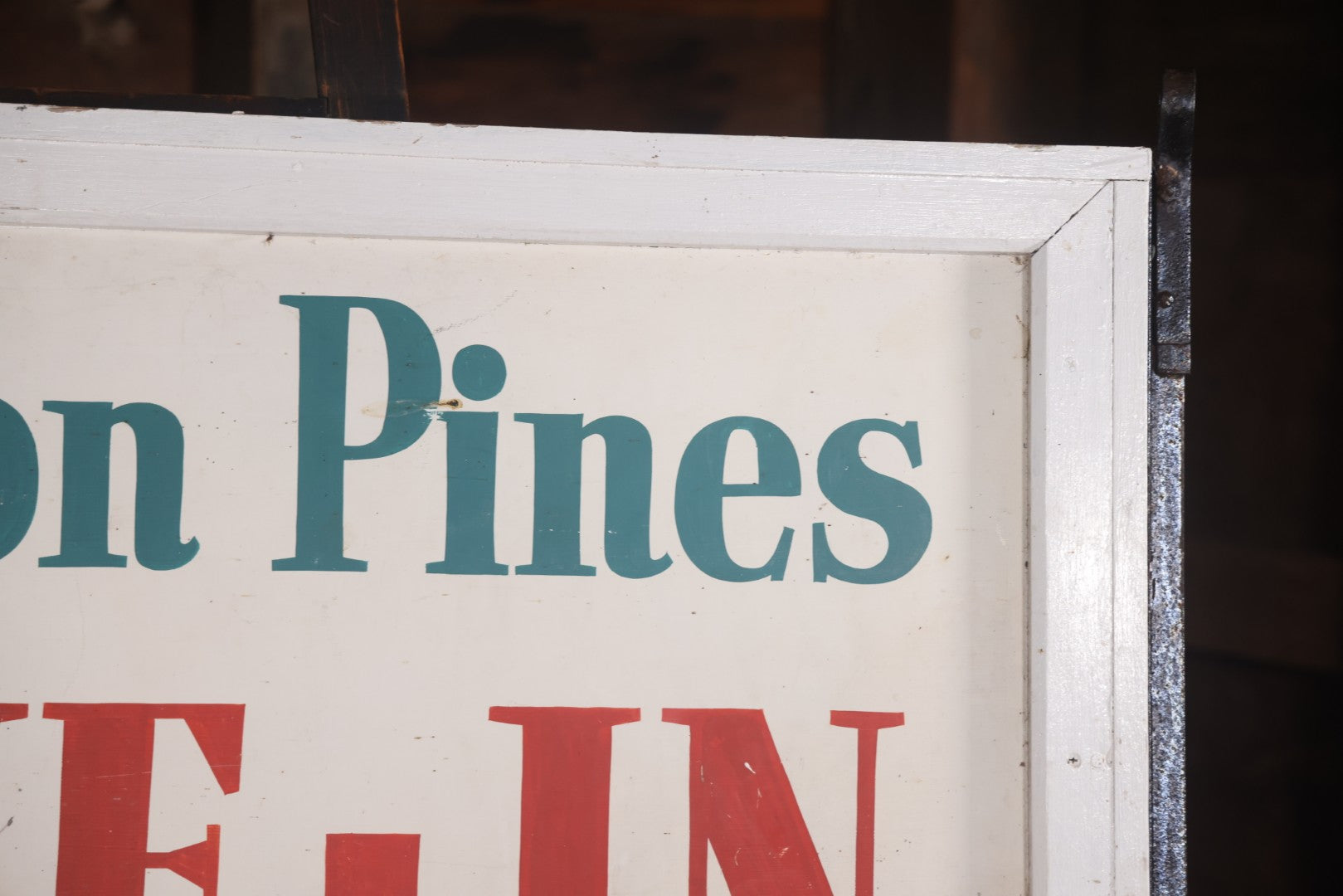 Vintage Hand Painted Sign For "The Bolton Pines Drive-In" Movie Theater, On Tin With Wood Frame, Cast Iron Hangers, Unknown Origin, Likely From New England, 52-1/2" x 27-3/4"