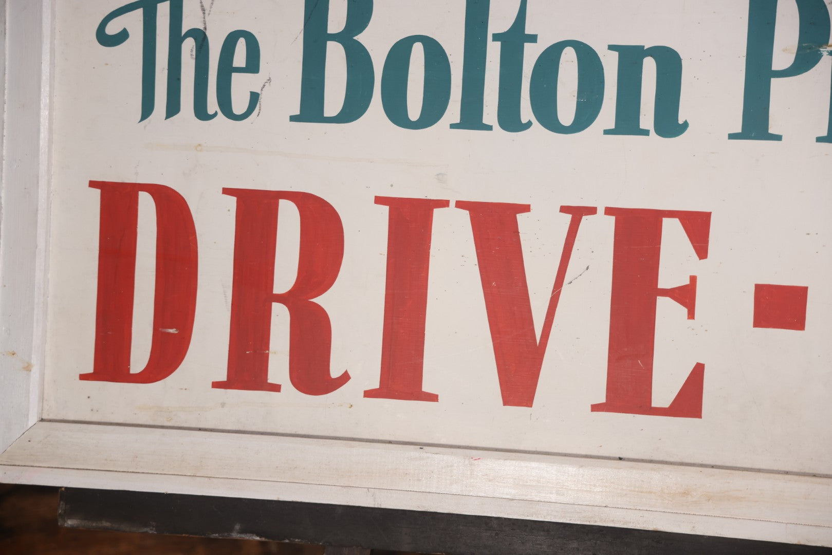 Vintage Hand Painted Sign For "The Bolton Pines Drive-In" Movie Theater, On Tin With Wood Frame, Cast Iron Hangers, Unknown Origin, Likely From New England, 52-1/2" x 27-3/4"