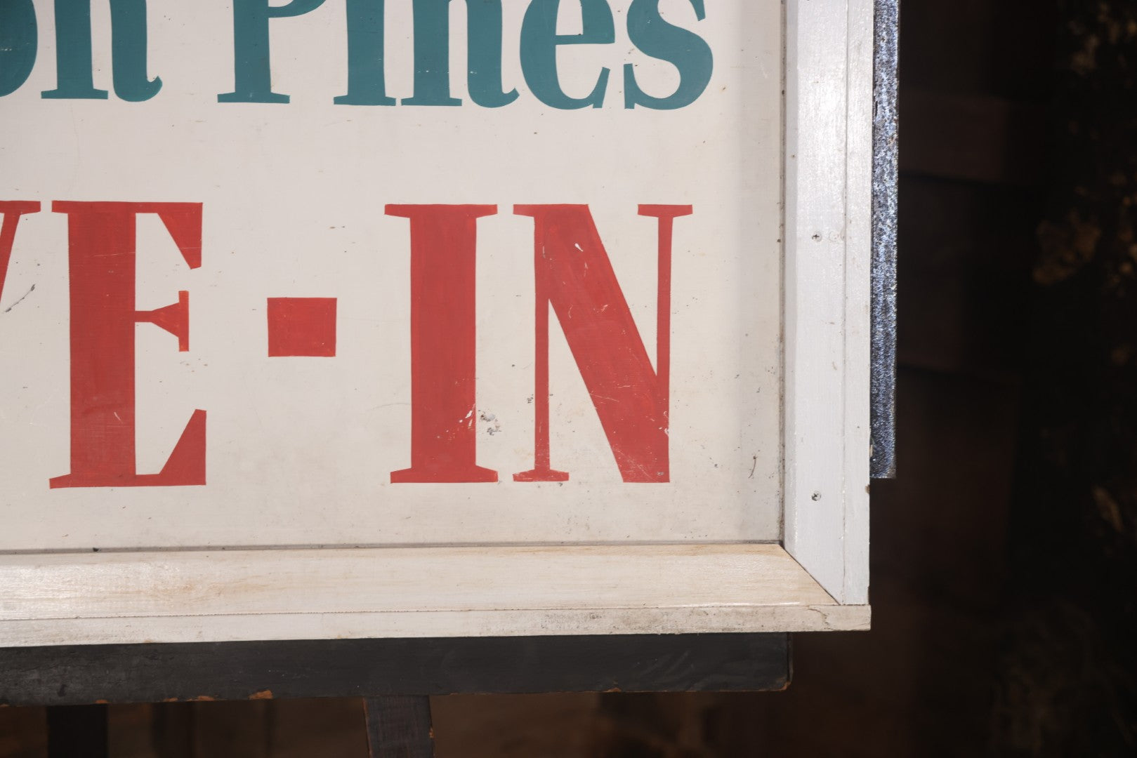 Vintage Hand Painted Sign For "The Bolton Pines Drive-In" Movie Theater, On Tin With Wood Frame, Cast Iron Hangers, Unknown Origin, Likely From New England, 52-1/2" x 27-3/4"